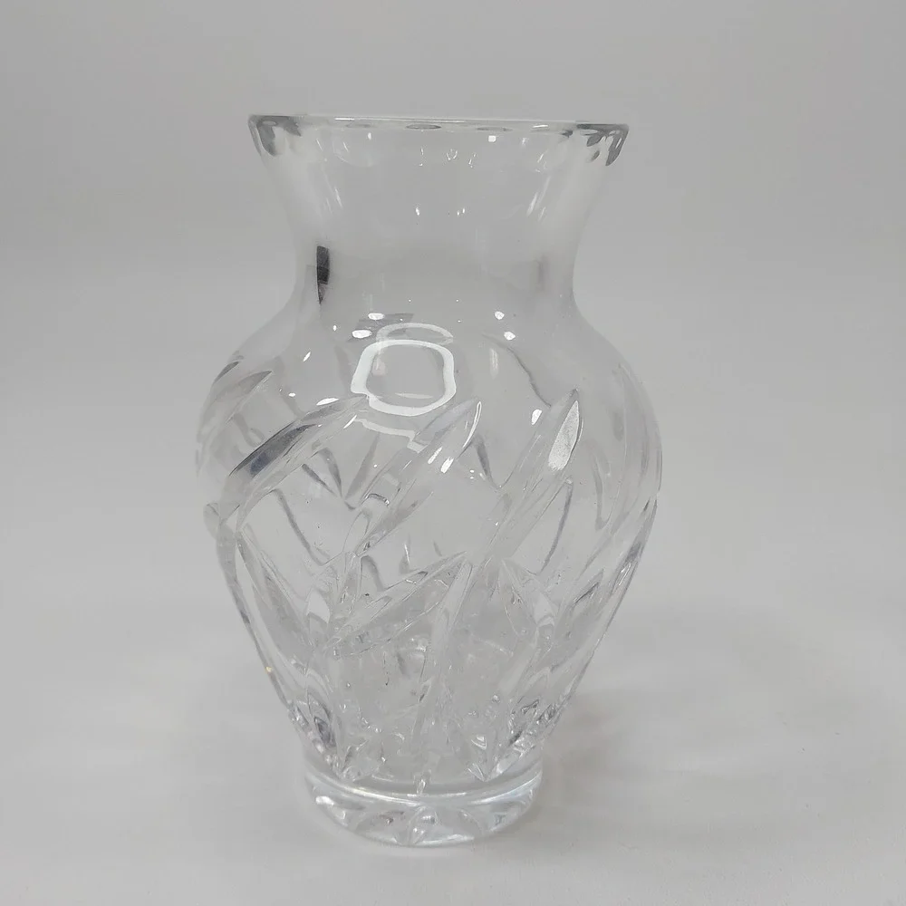 Vintage 24% Lead Crystal Vase - Cut Leaf Design Fluted Rim Star Bottom Poland